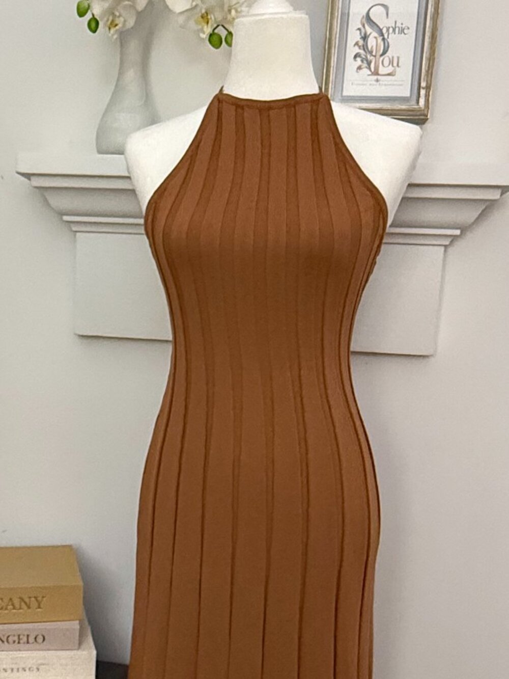 MESHKI Brown Ribbed Knit Halter Maxi Bodycon Dress Size L NEW